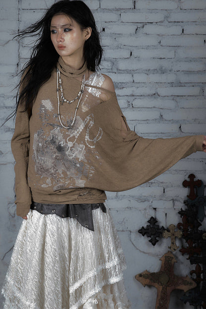 Ripped Off-Shoulder Punk Print Knit Top