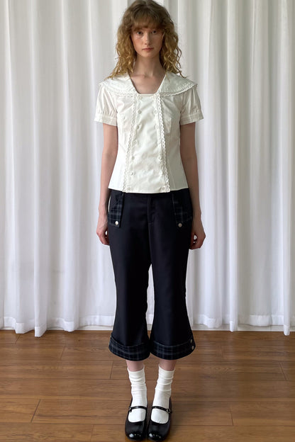 Low-Waisted Plaid Straight-Leg Buttoned Rolled Hem Pants