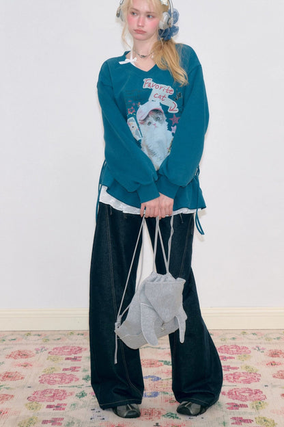 Cat Print V-Neck Sweatshirt