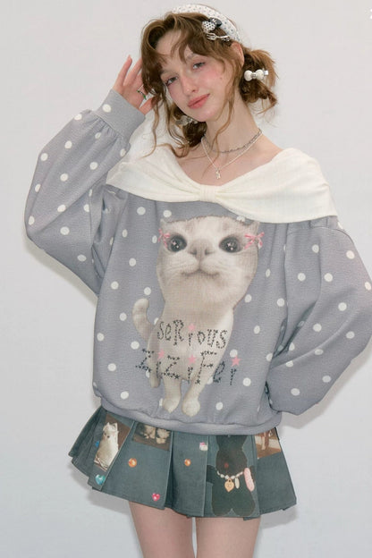 Cat Print Polka Dot Sweatshirt