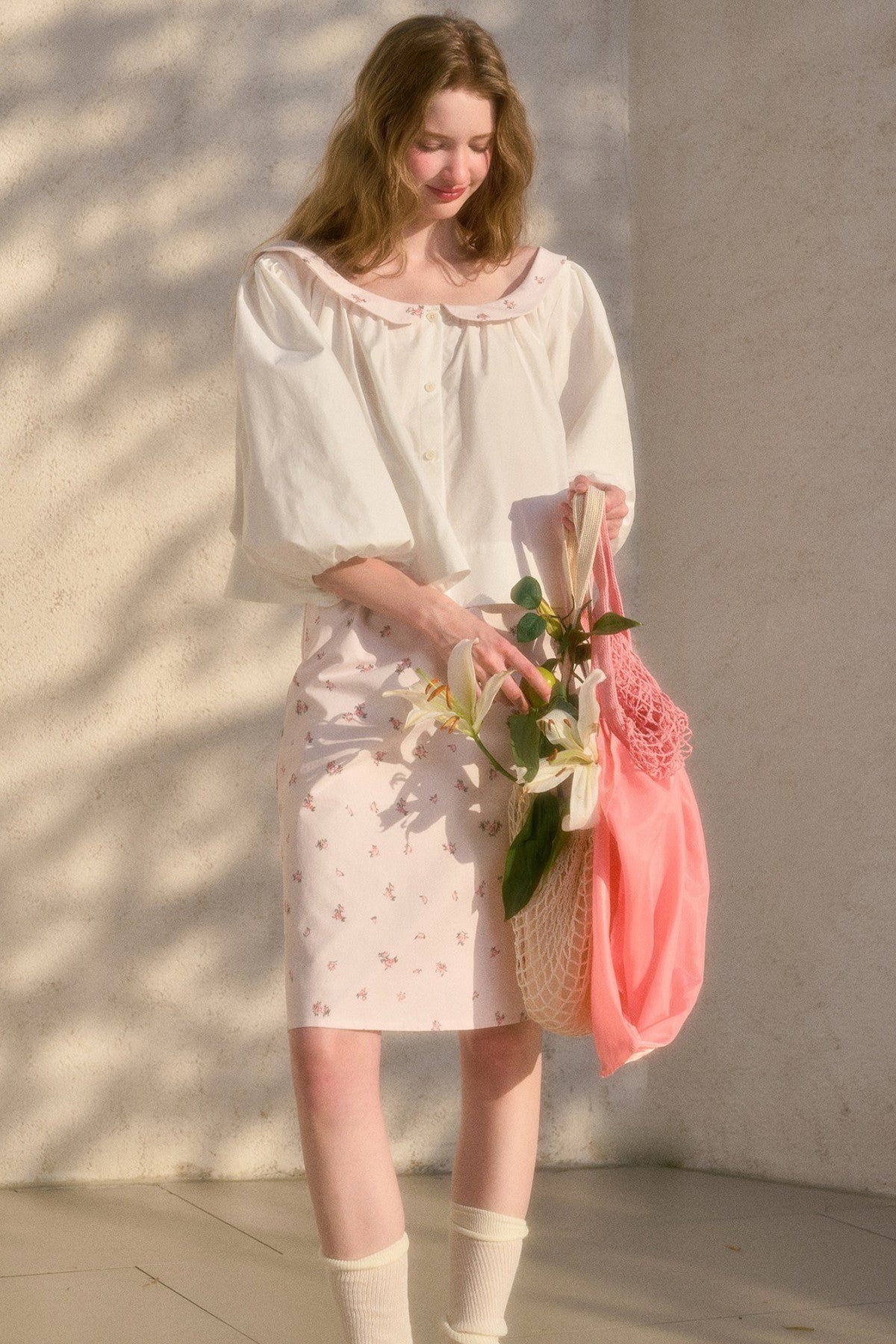 Floral Puff Sleeve Shirt and Skirt Set-Up
