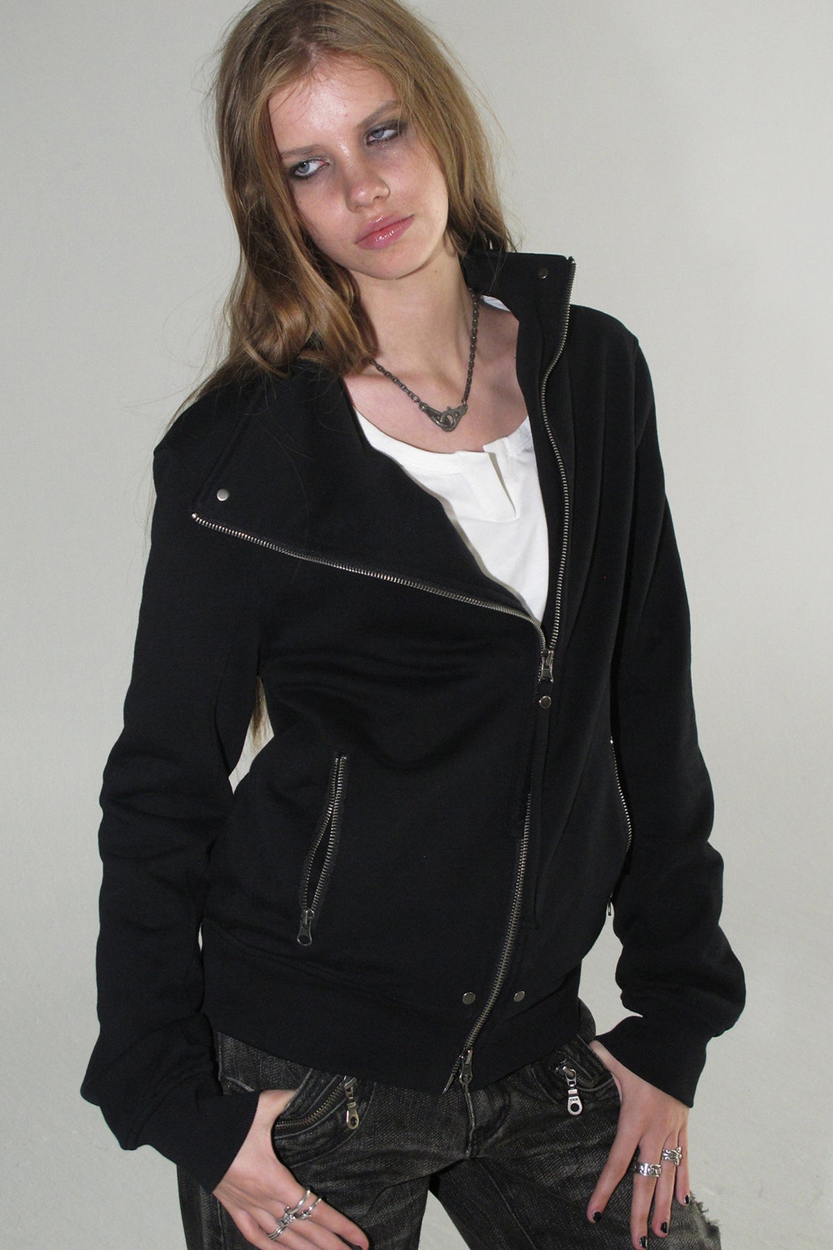 Diagonal Zipper Rivet Cardigan Jacket