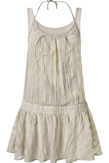 Textured Ruffled Hem Tie Halter Neck Dress