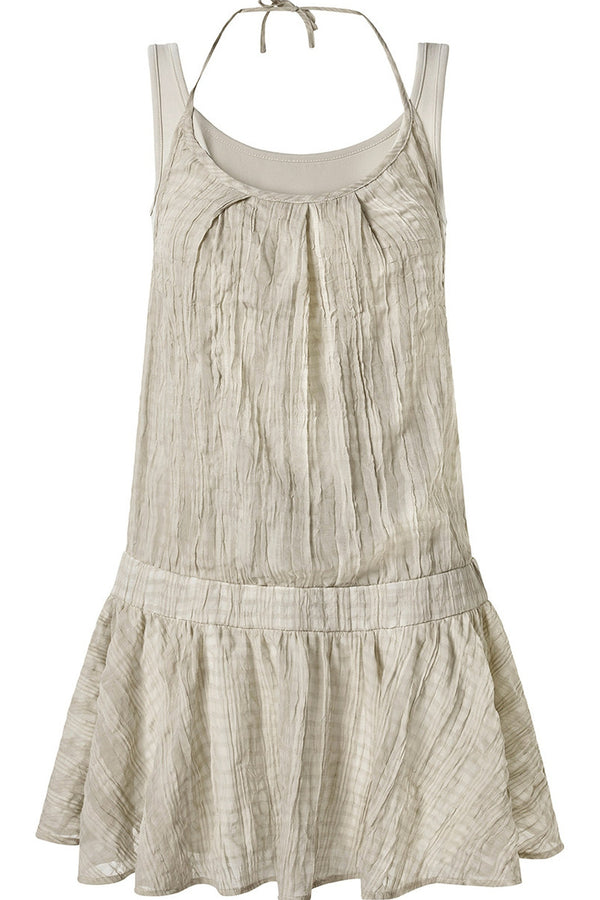 Textured Ruffled Hem Tie Halter Neck Dress