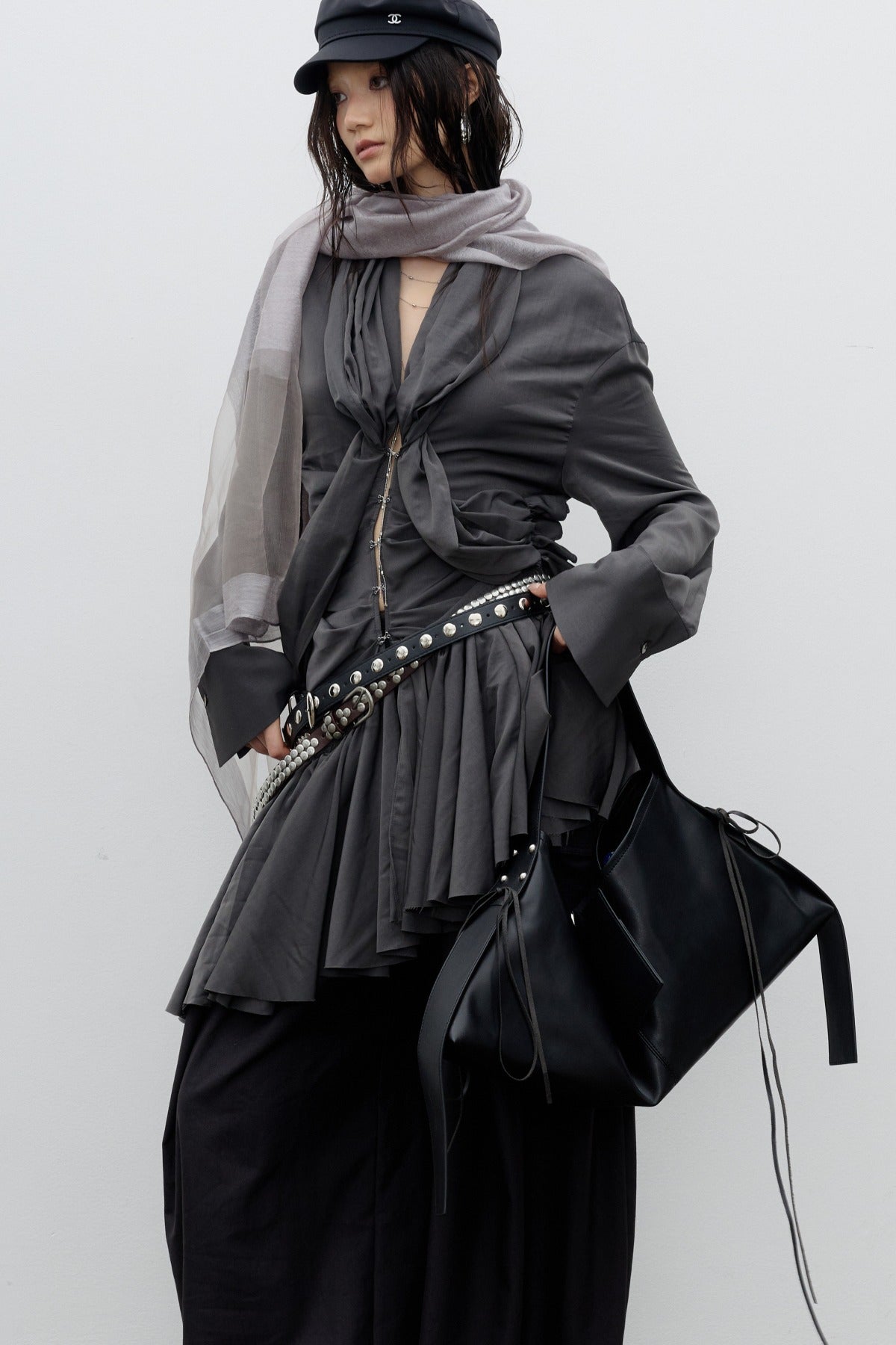 Sculpture-Style Pleated Asymmetrical Ruffle Hem Shirt Dress