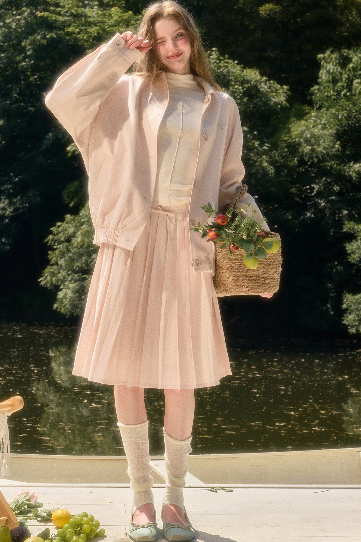 Elastic Waist Deer A-Line Pleated Skirt
