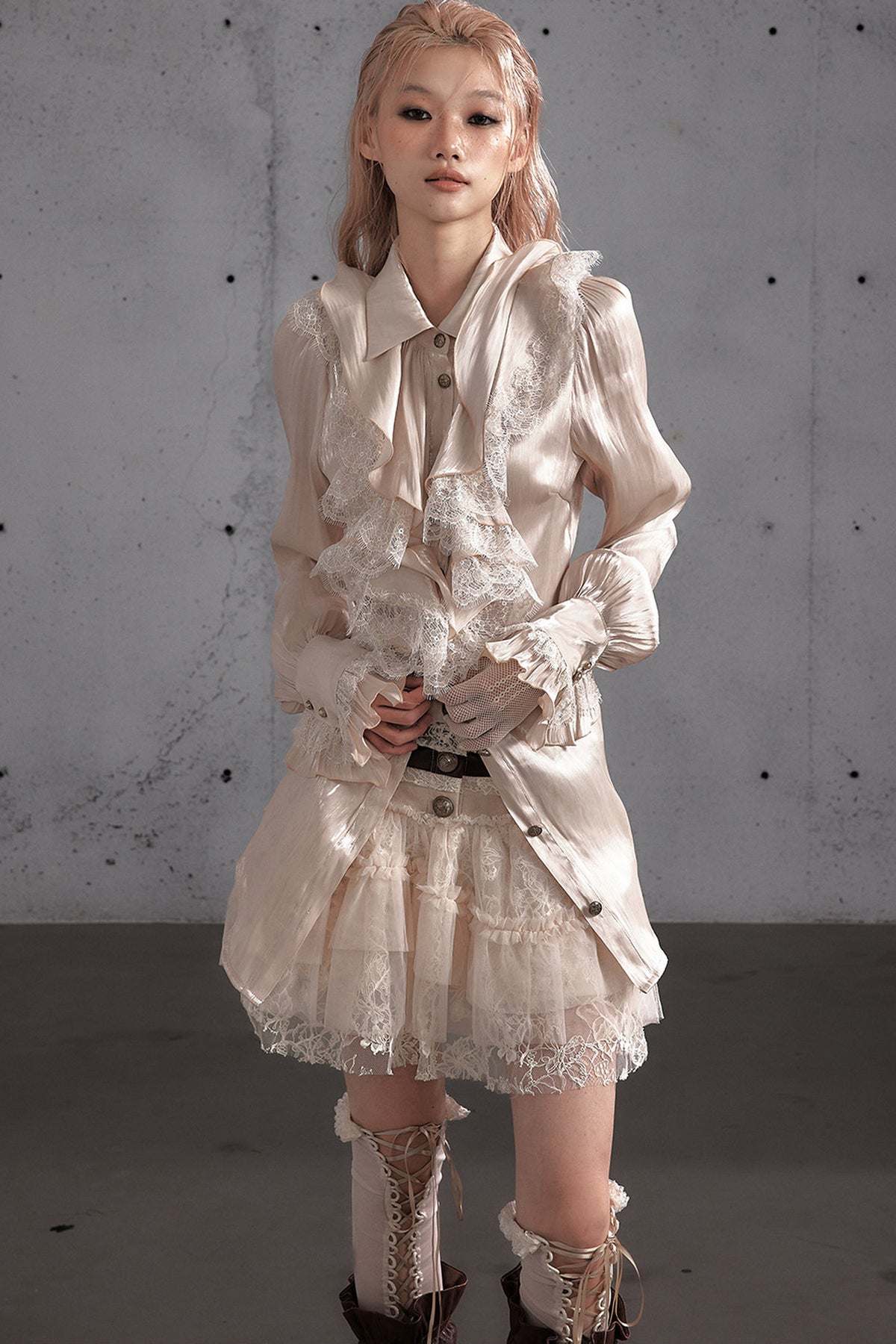 Ruffled Lace Patchwork Satin Blouse
