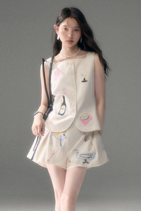 Ear Detail Tencel Cotton Embroidered Vest and Shorts Set-Up