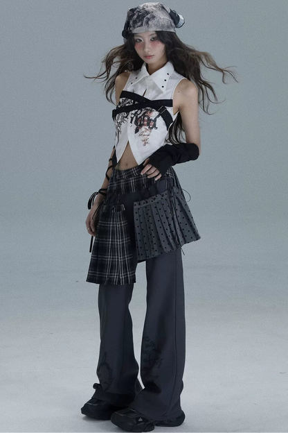 Layered Plaid Skirt Pants