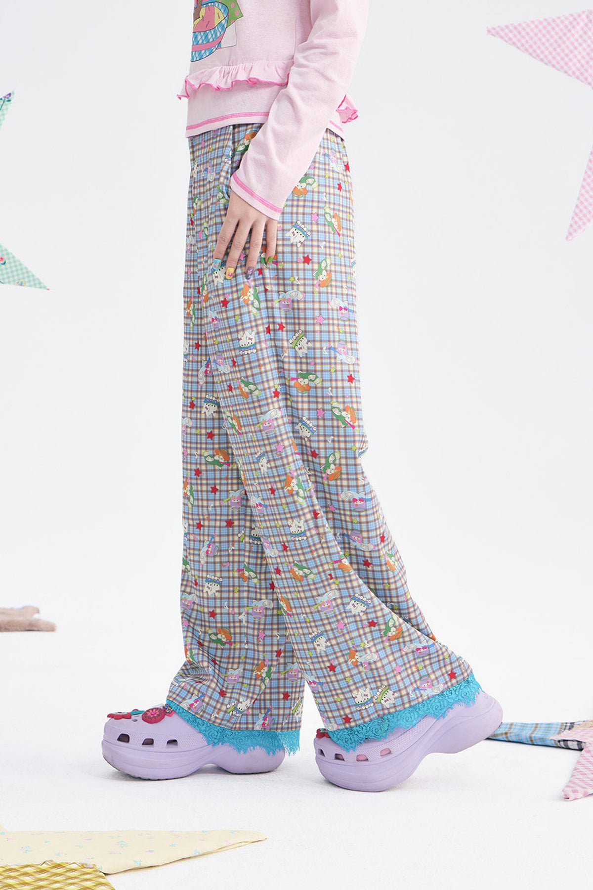 Plaid Layered-Look Lace Pants Set-Up