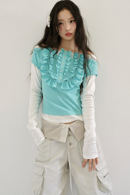 Tee-shirt effet superposé en dentelle à blocs de couleur