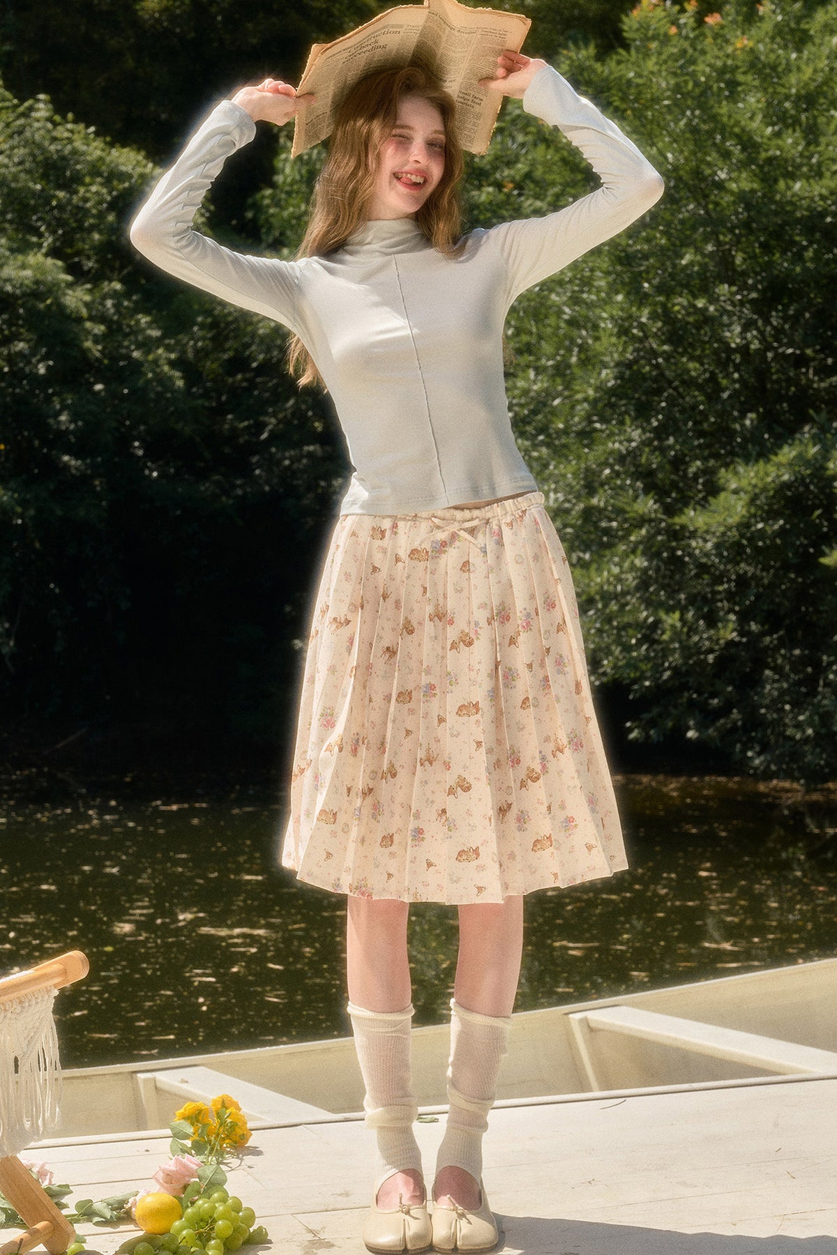 Elastic Waist Deer A-Line Pleated Skirt