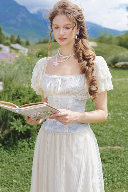 French Retro Lace Trim Top and Skirt Set-Up