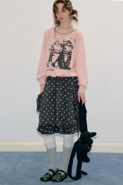 Rosa Sweatshirt mit Katzenprint und Bindeband
