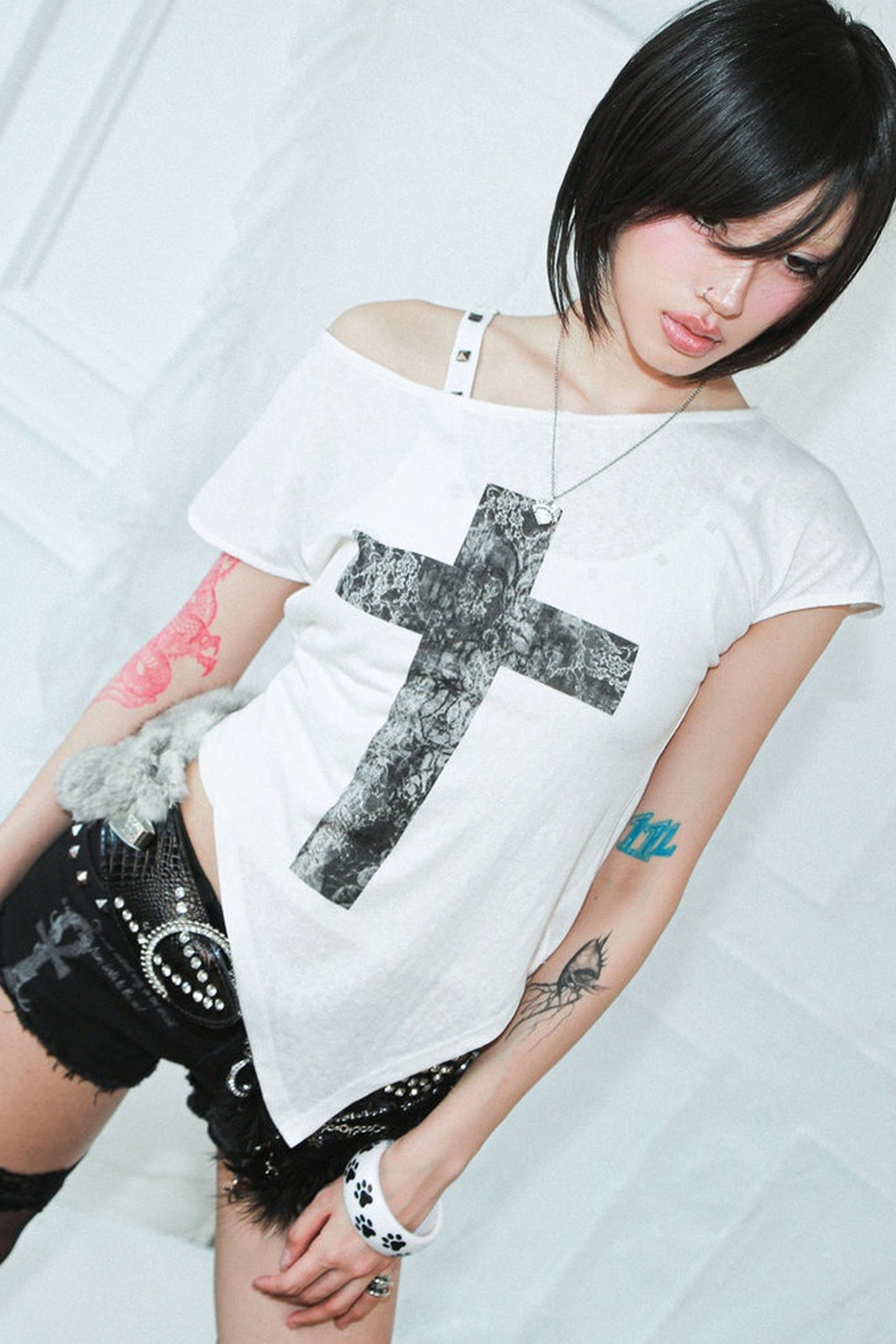 One-Shoulder Cross Print Studded Top