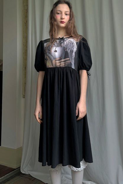 Tempera Oil Painting Print Short-Sleeved Dress