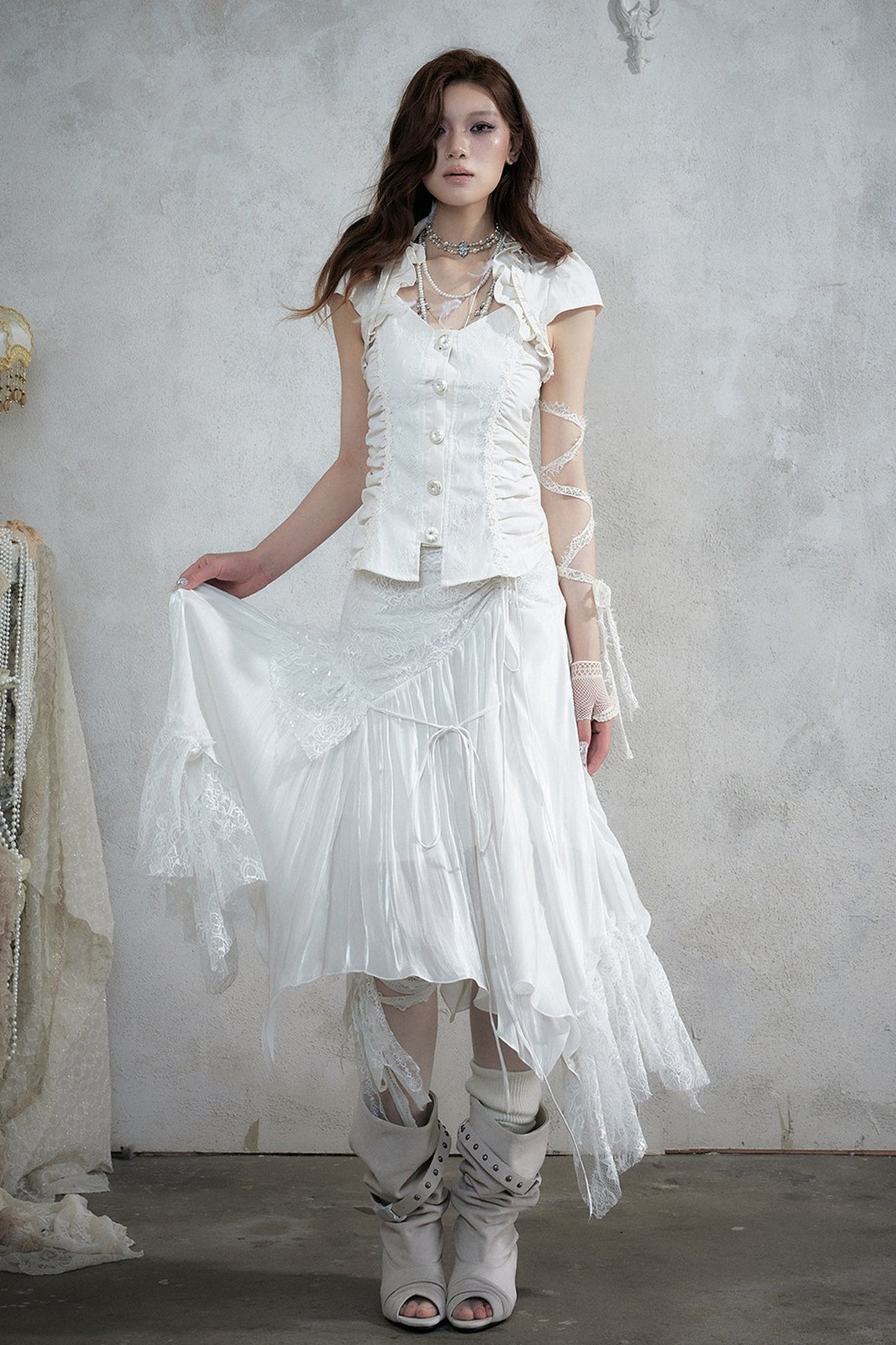 Lace Patchwork Ruched Layered-Look Shirt