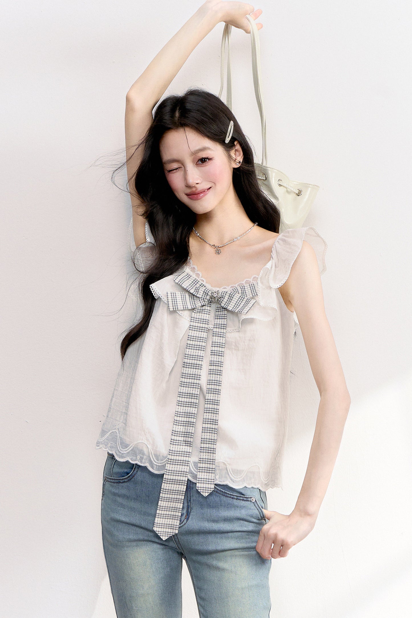 Ruffled Flutter Sleeve Plaid Bow Top