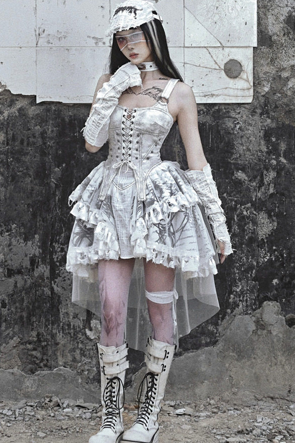Distressed Suede Trailing Tie-Up Suspender Dress