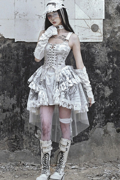 Distressed Suede Trailing Tie-Up Suspender Dress