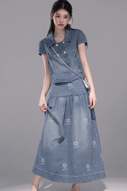 Gentle Denim Cropped Top and Skirt Set