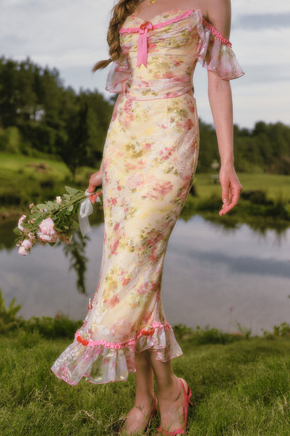 Floral Off-Shoulder Fishbone Corset Top and Skirt Set-Up
