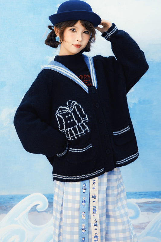 Scissors Pattern Sailor Collar Knit Cardigan