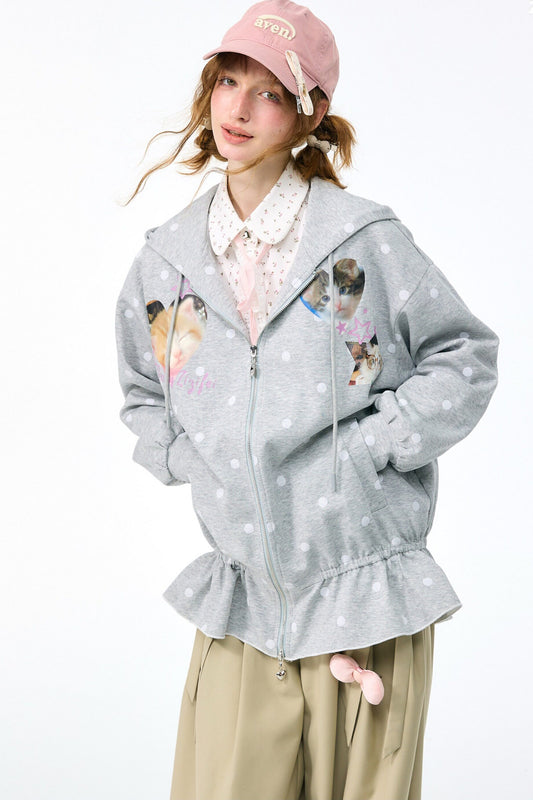Polka Dot Heart Cat Hooded Jacket