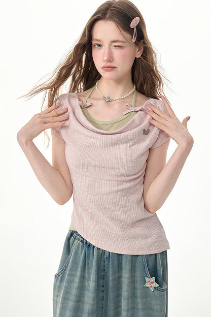 Pink Drape Neck Layered Short Sleeve Top