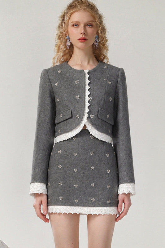 Grey Round Neck Top and Skirt Set