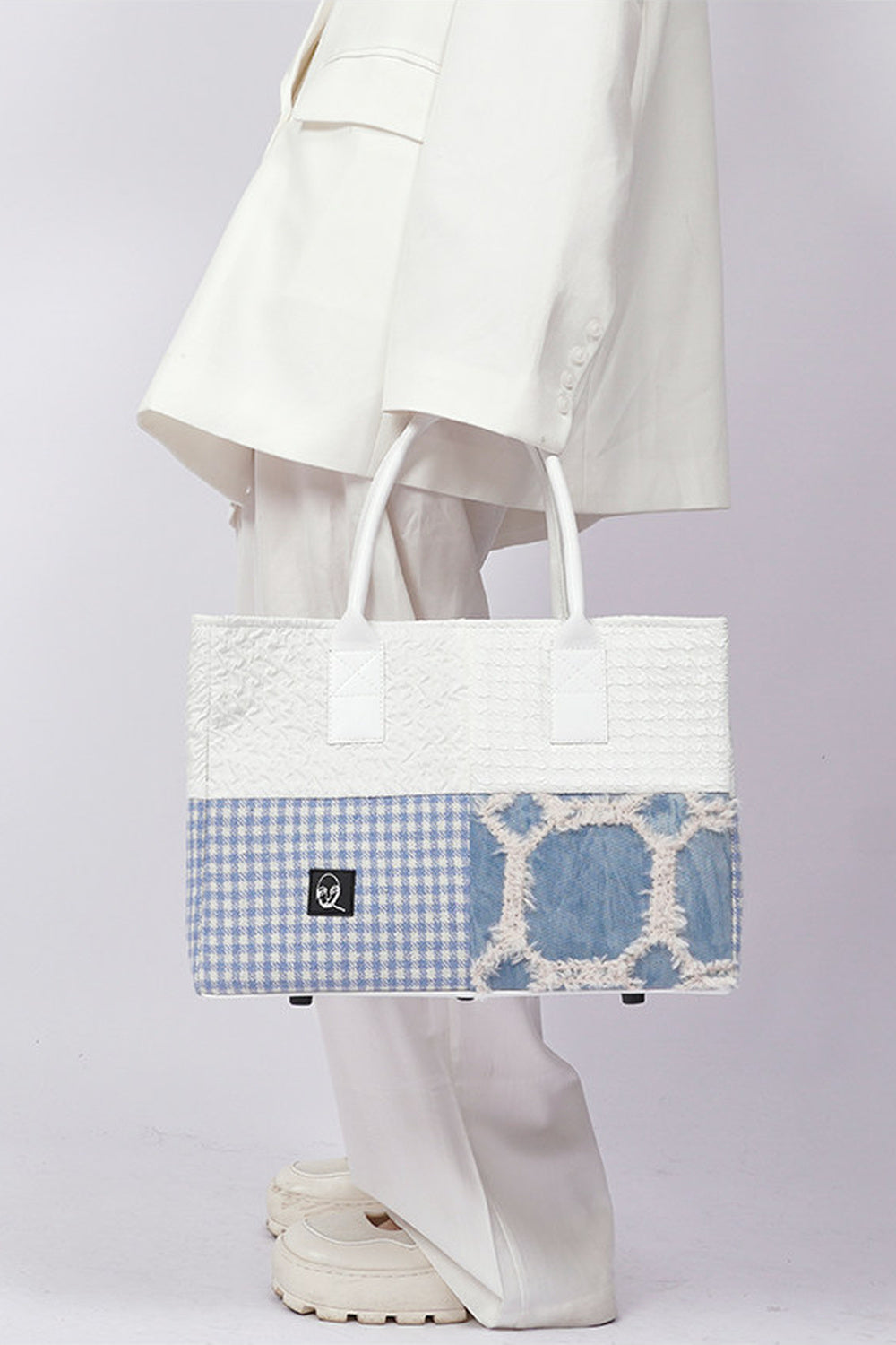 Borsa tote quadrata piccola a toppe con cuciture