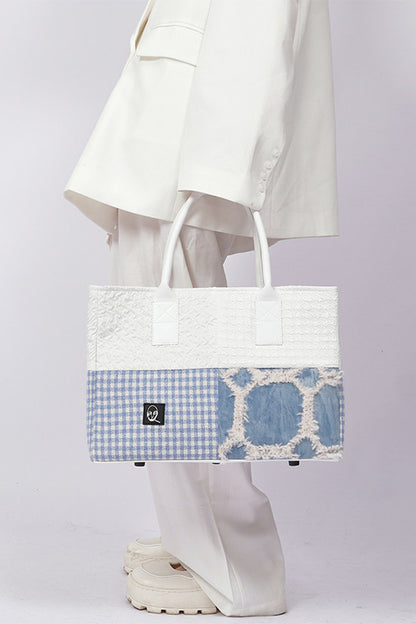 Borsa tote quadrata piccola a toppe con cuciture