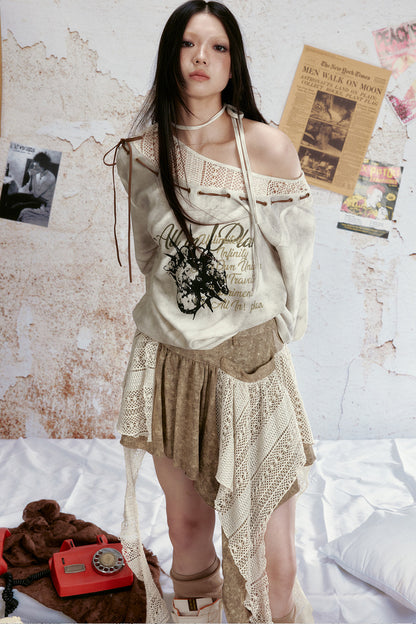 Tie-Dye Denim Ruffle Mesh Ribbon Skirt