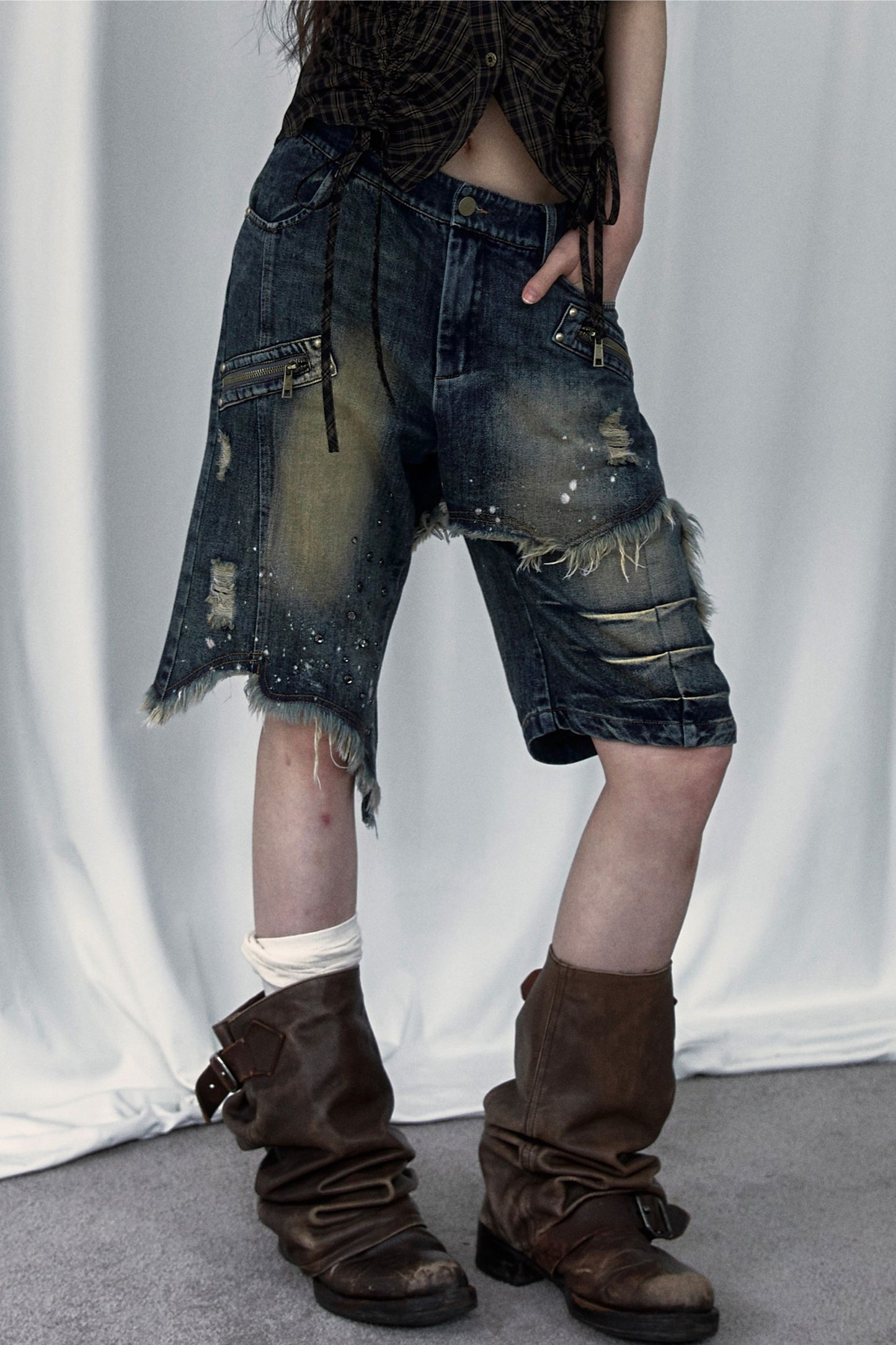 Pantaloncini di jeans effetto vissuto a gamba ampia