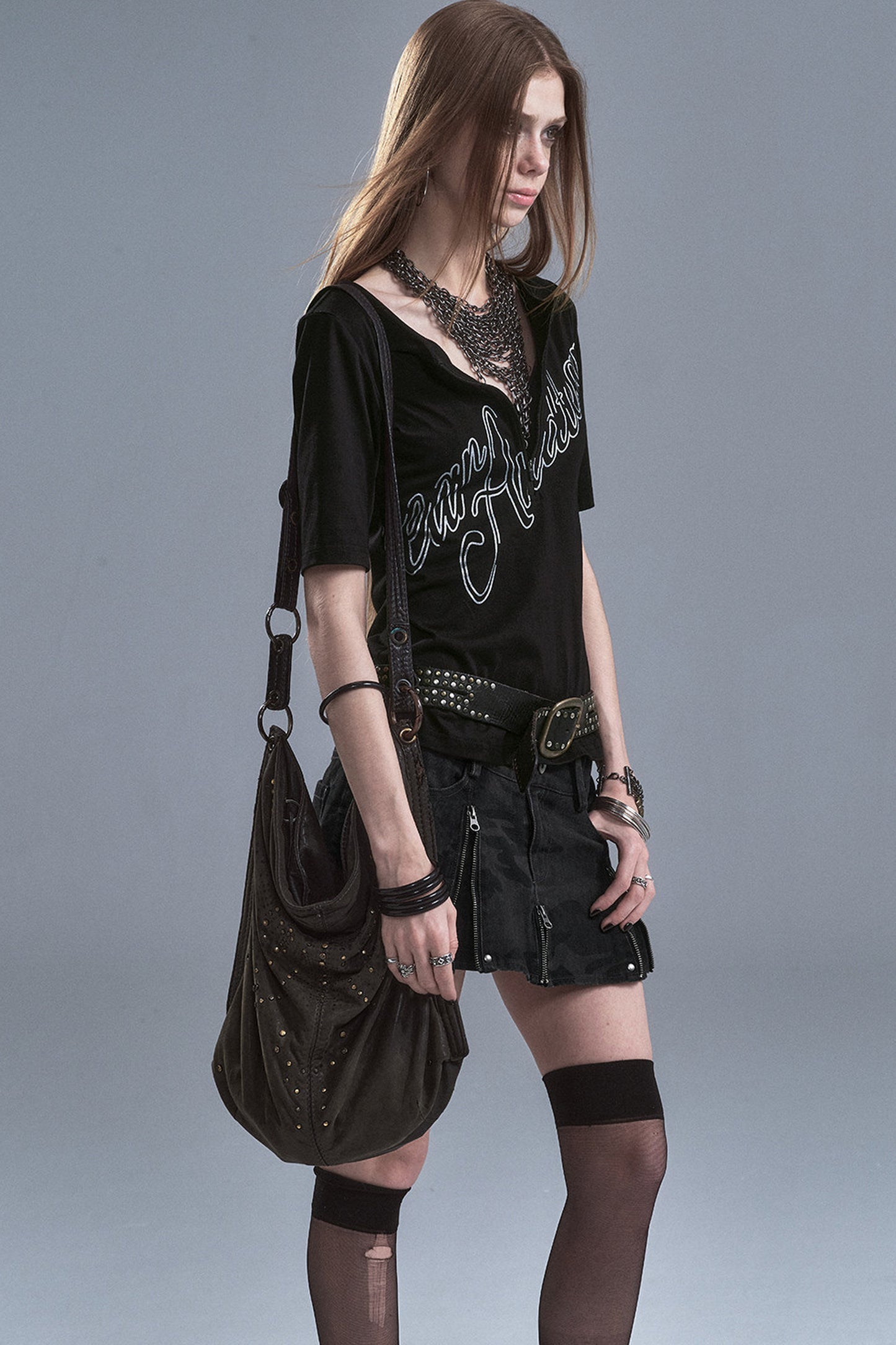 Half-Zip Silver Letter Print T-Shirt
