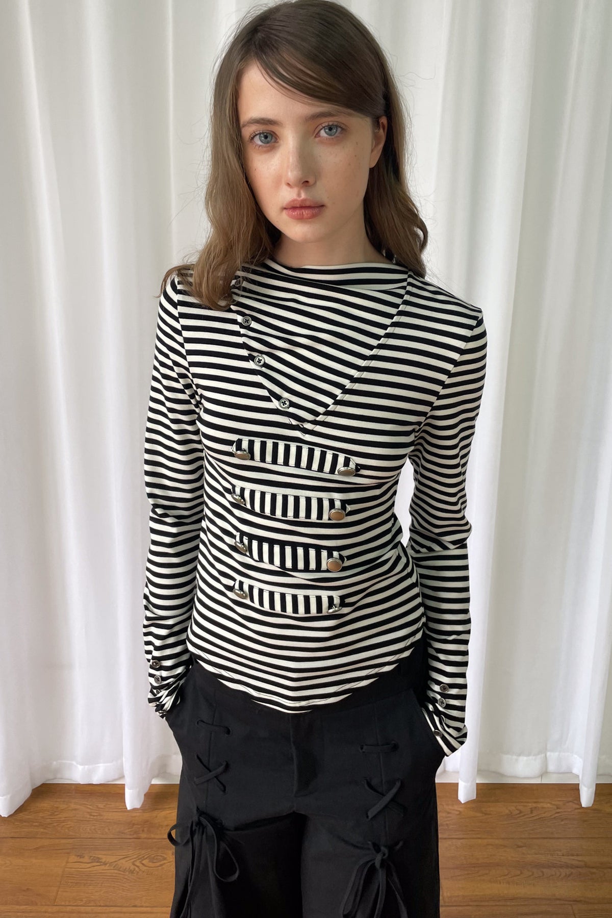 Metal Buckle Striped Knit Hood Top