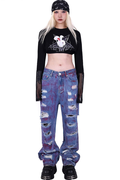 Printed Rabbit Mesh Blouse Set