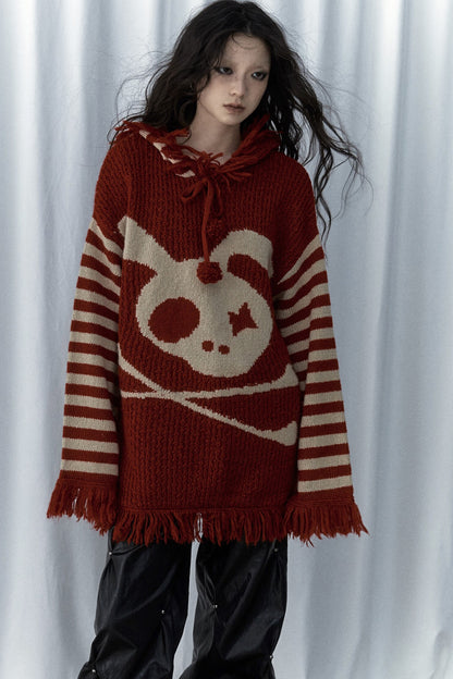 Skull Rabbit Hooded Knit Blouse