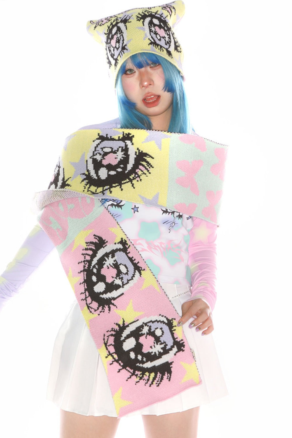 Comic Eye Knitted Long Scarf Set-Up
