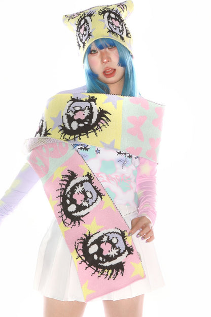 Comic Eye Knitted Long Scarf Set-Up