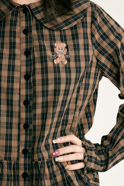 Brown Plaid Doll Collar Cotton Shirt