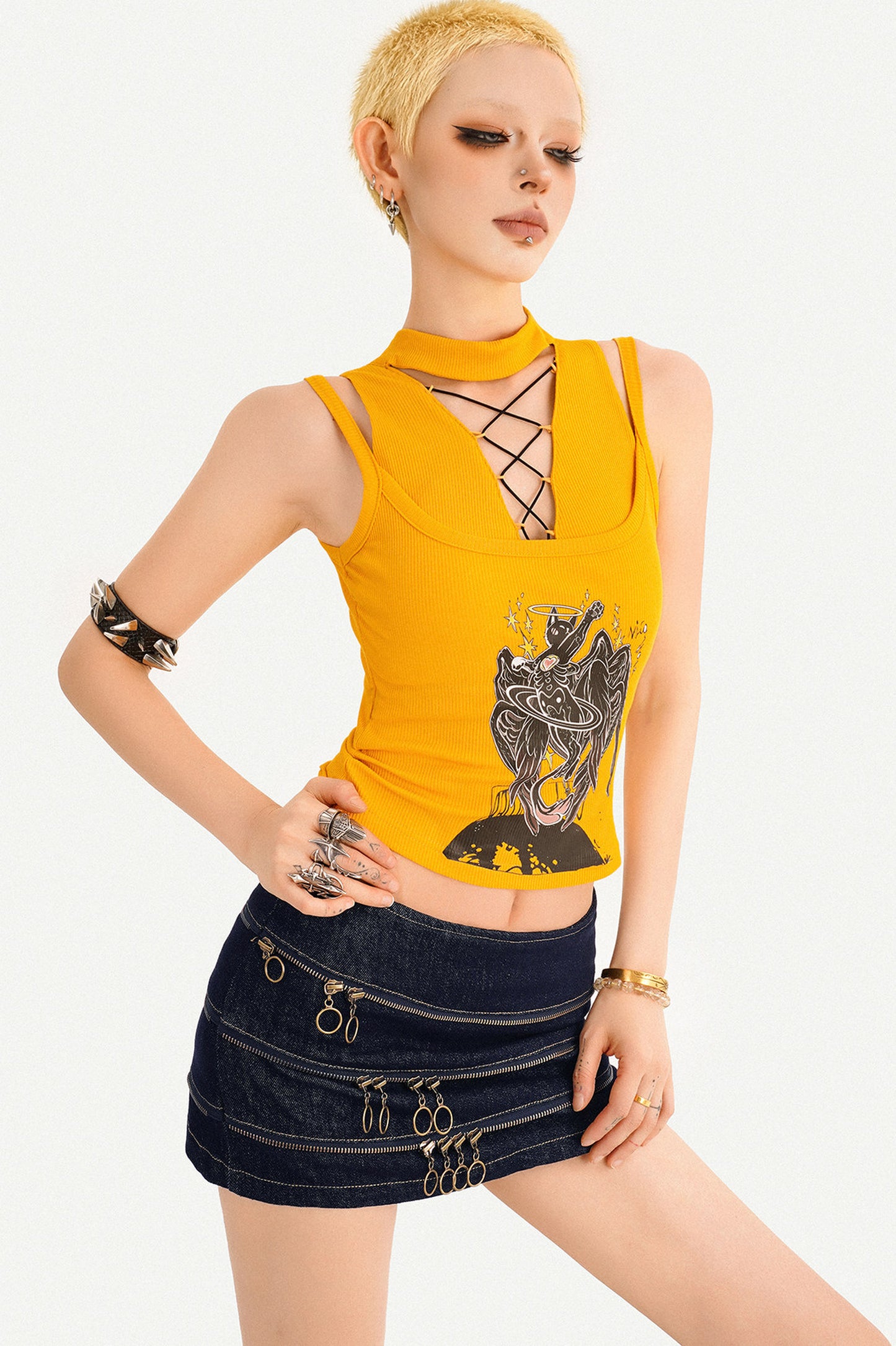 Yellow Sleeveless Lace-Up Graphic Tank Top