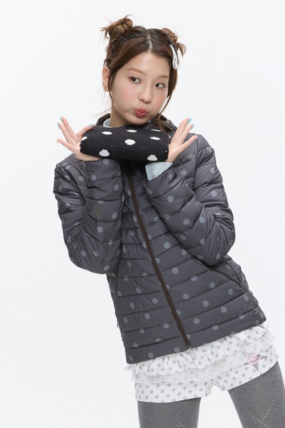 Hooded Ribbed Polka Dot Down Jacket