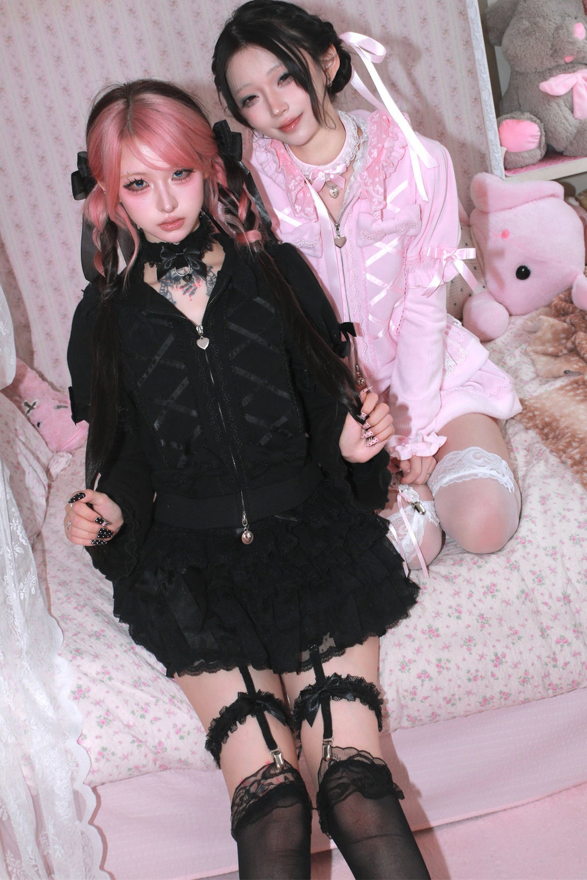 Black Cat Ear Sweatshirt Jacket and Pink Skirt Set-Up