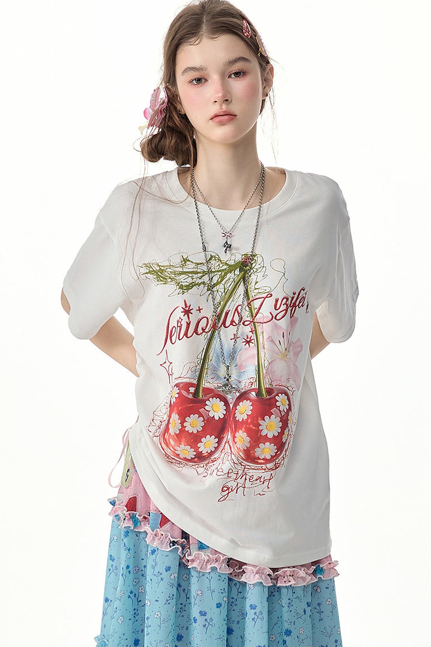 Cherry Daisy Print Short Sleeve T-Shirt