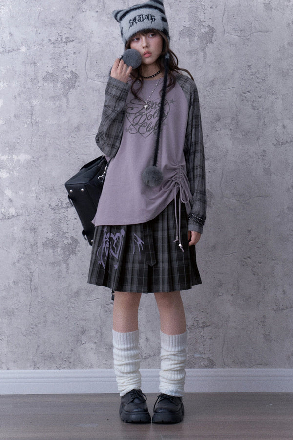 Gray-Purple Printed Raglan Drawstring T-Shirt and Skirt Set-Up