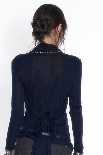 Cross-Neck Tencel Knit Mesh Spliced Long-Sleeved Top