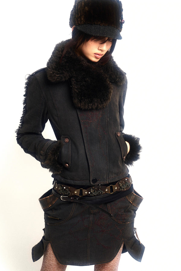 Distressed Fur Collar Jacket and Short Skirt Set-Up
