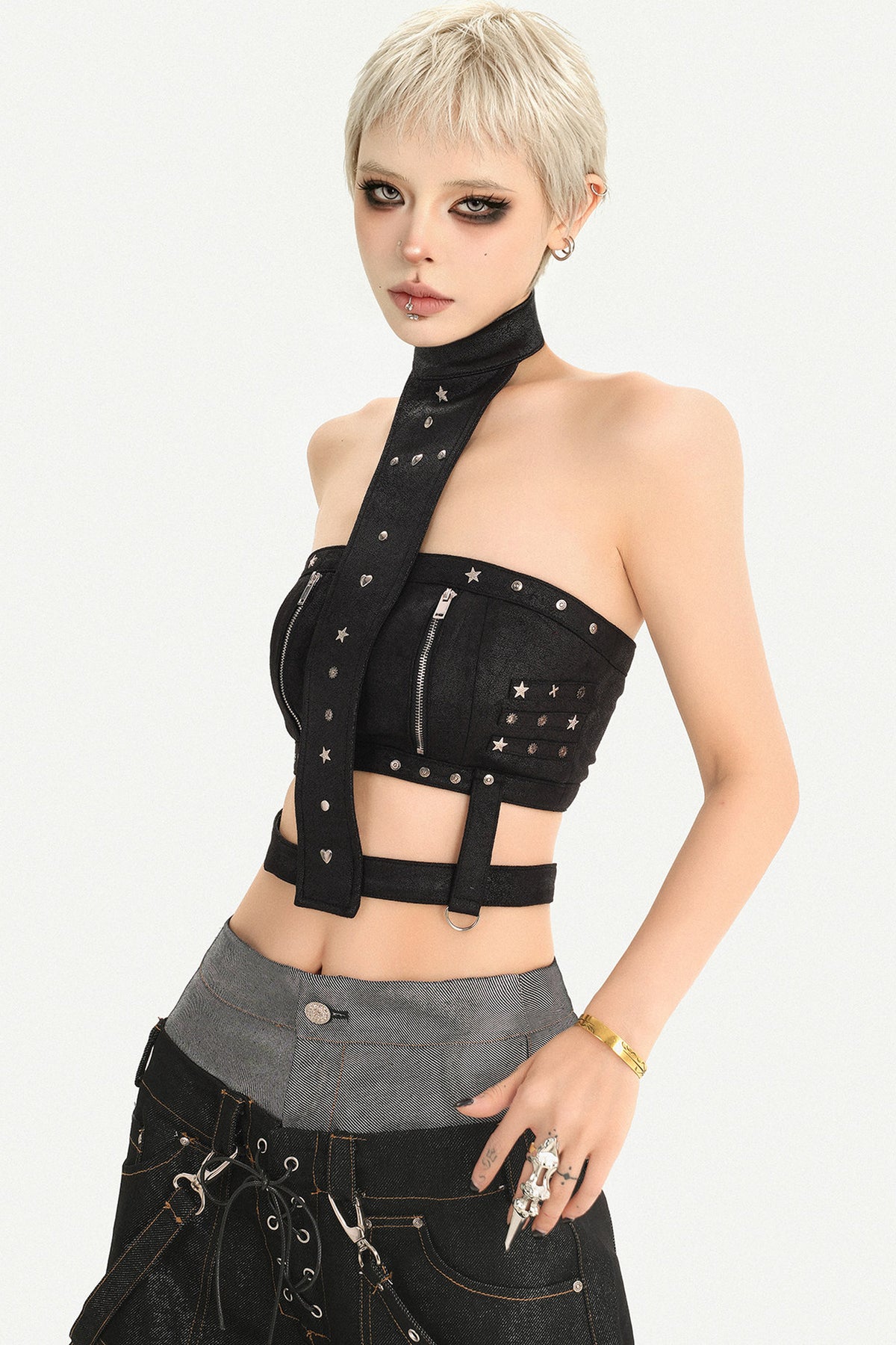 Rivet Zipper Halter Tube Top