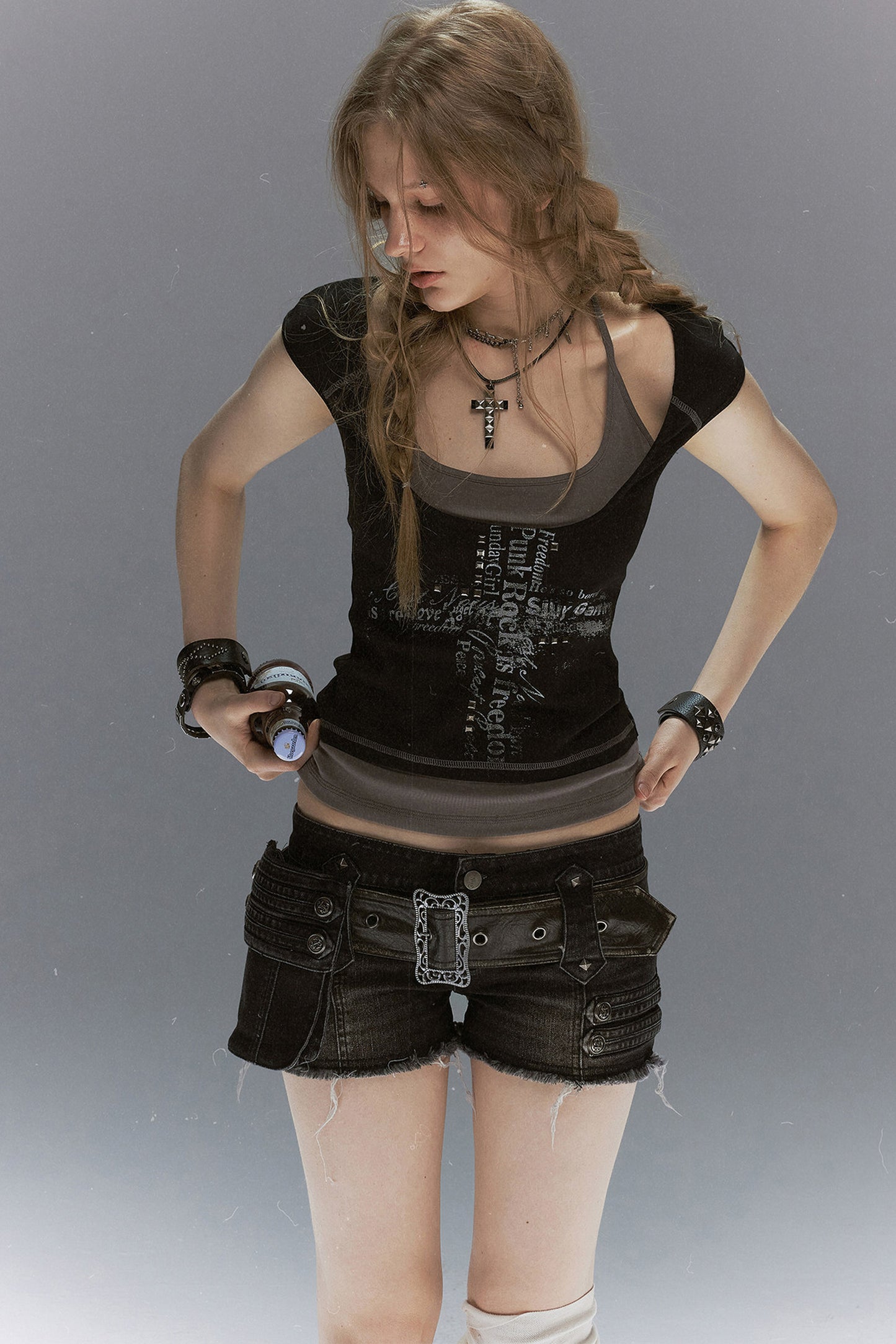 Leather Pocket Denim Shorts